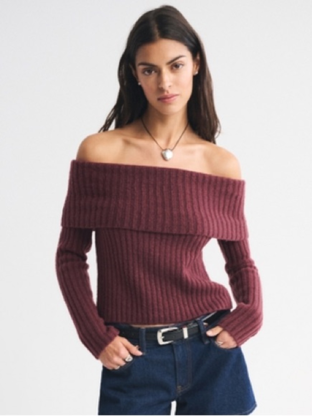 Abercrombie & Fitch Off-the-Shoulder Ribbed Sweater - Wine